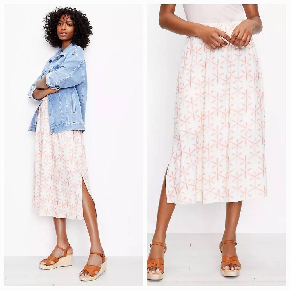LOFT White Midi Skirt with Pink Geometric Print